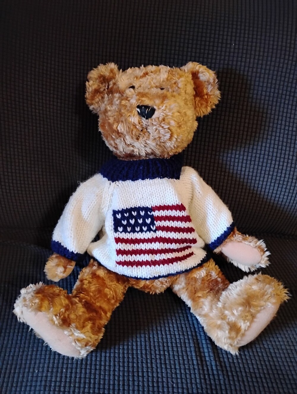 Brown TEDDY BEAR IN KNITTED SWEATER With USA Flag Image Polyester Fibers Fur